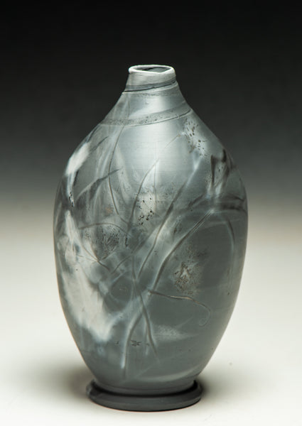 #6498  SAGGAR-FIRED BOTTLE with bamboo, sumac, wild grape leaves